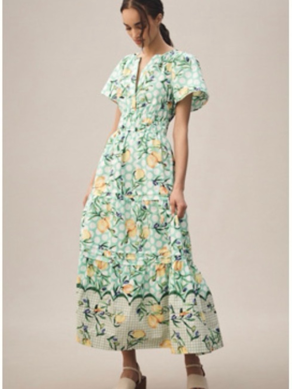 Anthropologie Mint Lemon-Print Tiered Maxi Dress